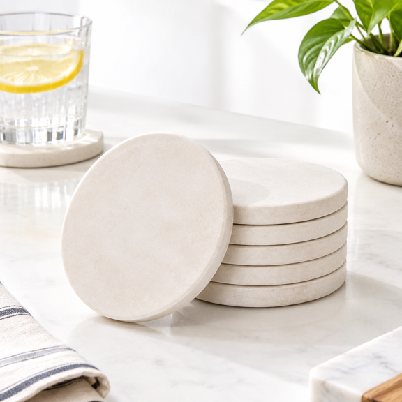 Limestone Water Absorbing Neutral Tone Coaster Set of 6, Protects Furniture