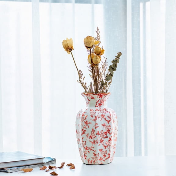 Chinoiserie Red Floral Vine Ceramic Vase - Large Wavy Gold Rim Vase for Console Table Decor