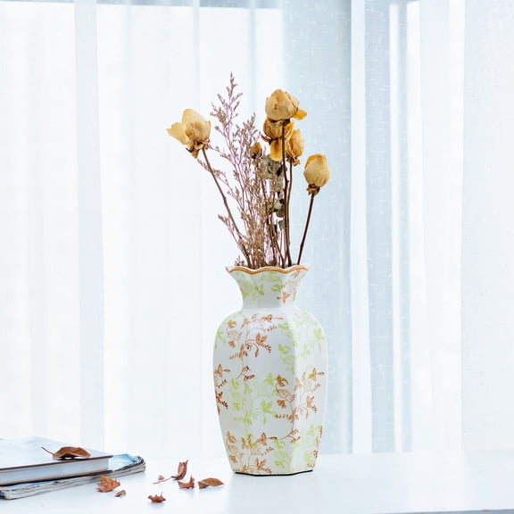 Chinoiserie Hand Painted Floor Vase - Tall Green Brown Red Floral Vase with Wavy Orange Rim for Living Room Centerpiece