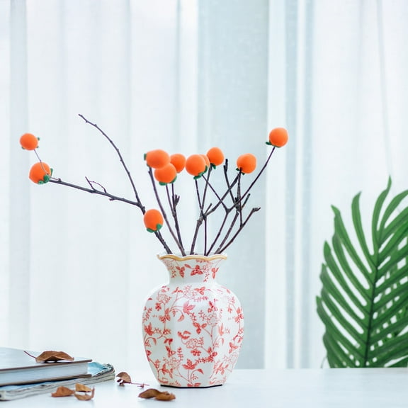 Chinoiserie Red White Ceramic Vase - Small Botanical Pattern Vase with Wavy Gold Rim for Modern Mantel Decor