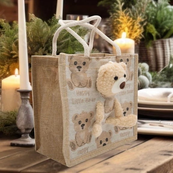 Limited Design Handcraft Burlap Tote Jute Zipper Bear Bears Doll Gift Bag 8X8X4
