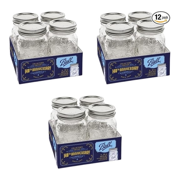 Limited Edition 140th Anniversary Glass Mason Jars, Regular Mouth, Pint Size, 16 OZ, 4-Count, Pack of 3 (12 Jars Total)