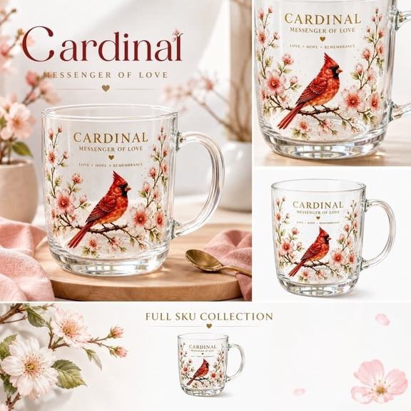 Limited Edition 2026 Garden Morning Bliss Glass Tea Cup, Flower Tea Cup, Hummingbird Stemless Wine Glasses, Animal & Flower Clear Glass Fancy Coffee Mug (Cardinal)