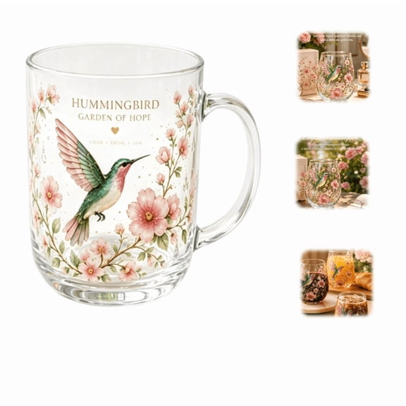 Limited Edition 2026 Garden Morning Bliss Glass Tea Cup, Hummingbird Floral Clear Embossed Glass Cup, Nature Bird Flower Mug for Tea Coffee Iced Drinks, Gift for Mom Friends Garden Lovers
