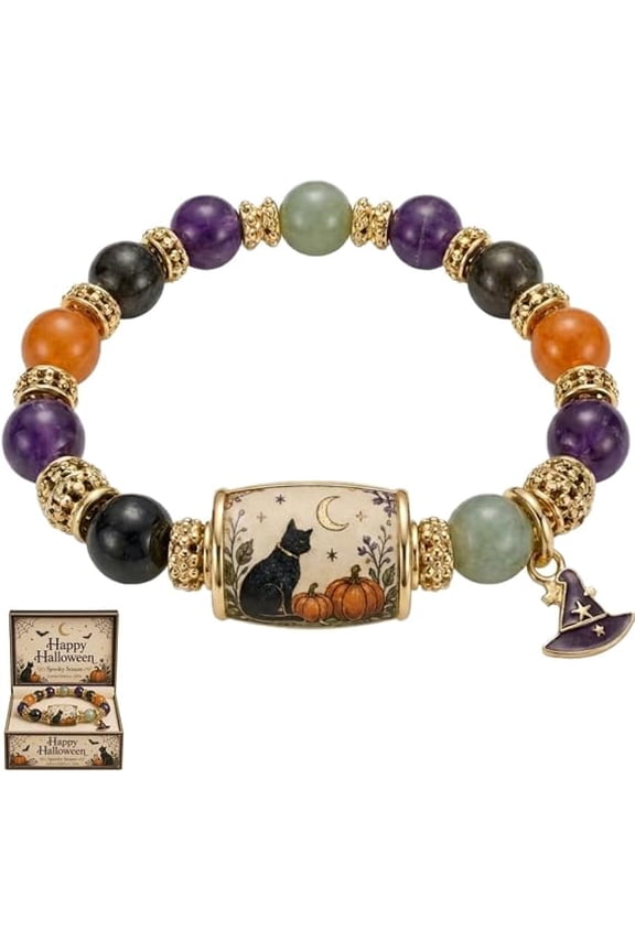Limited Edition 2026 Halloween Black Cat Pumpkin Beaded Bracelet Gift Set - Stretchable Witch Charm Stretch Bracelet Jewelry for Women, Spooky Season Halloween Present
