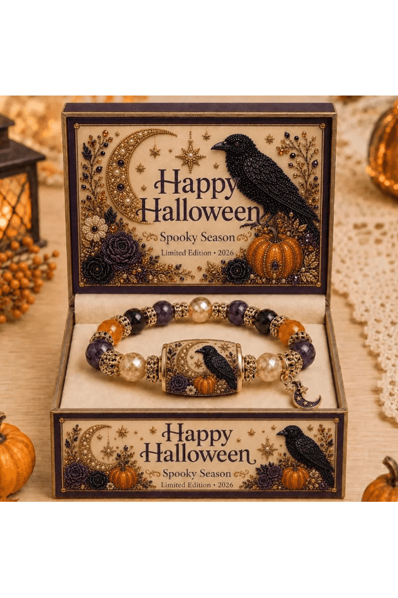 Limited Edition 2026 Halloween Raven Dark Forest Beaded Bracelet, Stretch Halloween Charm Bracelet with Black Cat or Ghost Design for Fall Party, Costume, Daily Wear and Seasonal Accessories
