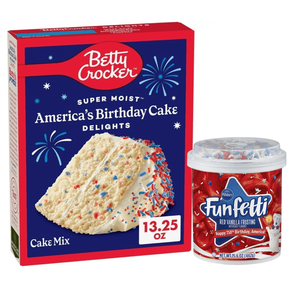 Limited Edition Betty Crocker Super Moist America's Birthday Cake Delights (13.25 oz) with Pillsbury Funfetti Red Vanilla Frosting (15.6 oz)