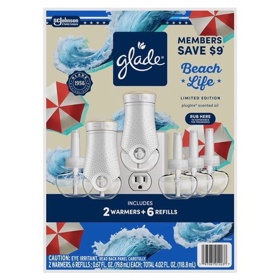 Limited Edition Glade PlugIns Scented Oil Air Freshener, Beach Life, 2 Warmers + 6 Refills