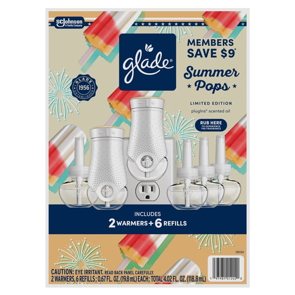 Limited Edition Glade PlugIns Scented Oil Air Freshener, Summer Pops, 2 Warmers + 6 Refills