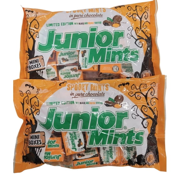 Limited Edition Halloween Spooky Junior Mints with Black and Orange Centers Mini Boxes 10 oz bag - 2 pack