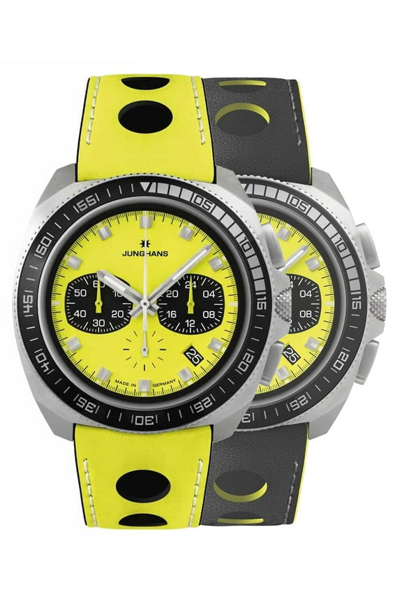 Limited Edition Junghans 1972 Chronoscope FIS Lemon Chronograph Stainless Steel Yellow Dial Yellow Leather Strap Interchangeable Black Leather Strap Date Quartz Mens Watch 41/4369.00