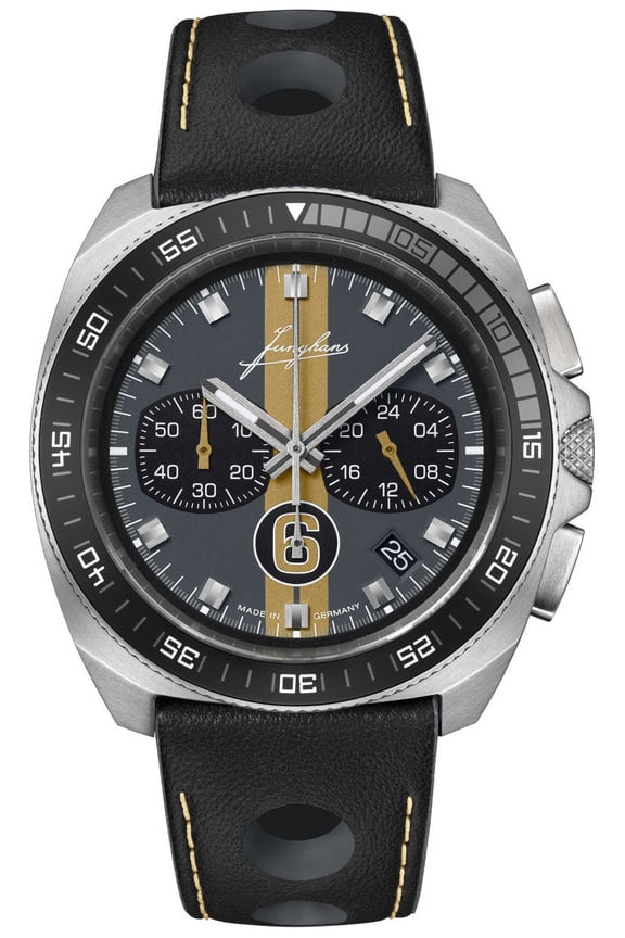 Limited Edition Junghans 1972 Chronoscope Sports Edition 2025 Chronograph Stainless Steel Gray Dial Black Leather Strap Date Quartz Mens Watch 41/4578.00