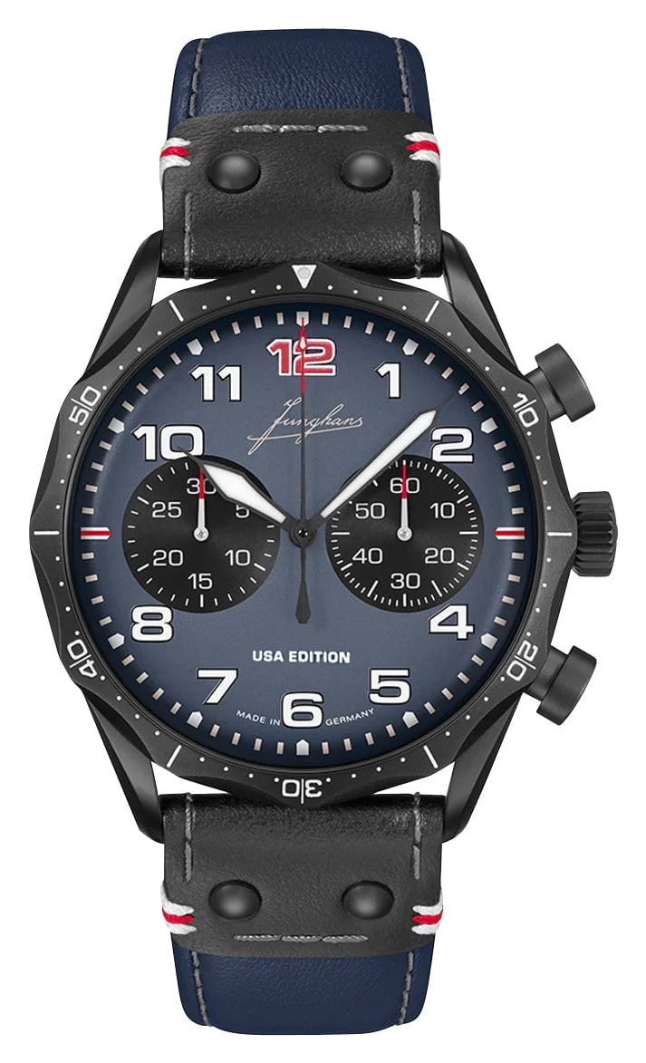 Limited Edition Junghans Pilot Chronoscope Navy Blue USA Automatic Chronograph DLC Blue Dial Blue Leather Strap Mens Watch 27/3395.00