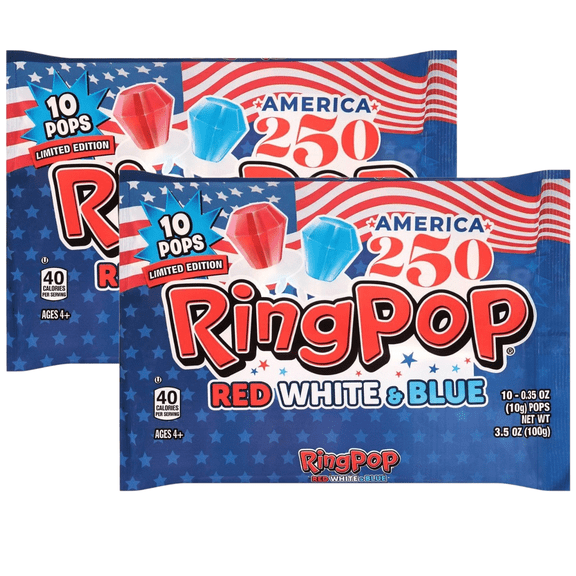 Limited Edition Ring Pop America's 250th Red, White & Blue Candy Rings, 10 Count Bags (Pack of 2)