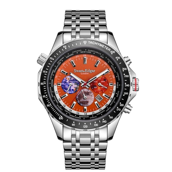 Limited Edition Swan & Edgar Hand Assembled World Timer Mechanical Quartz Hybrid Orange