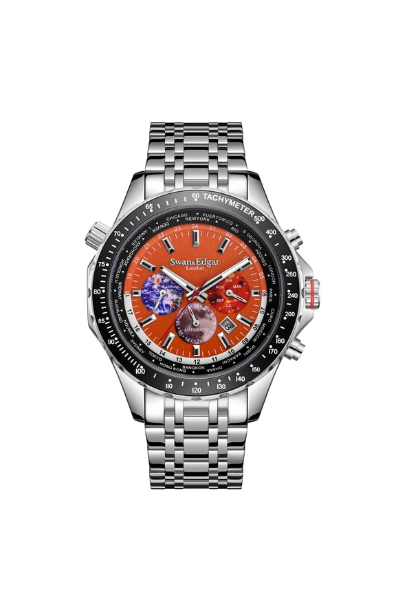 Limited Edition Swan & Edgar Hand Assembled World Timer Mechanical Quartz Hybrid Orange