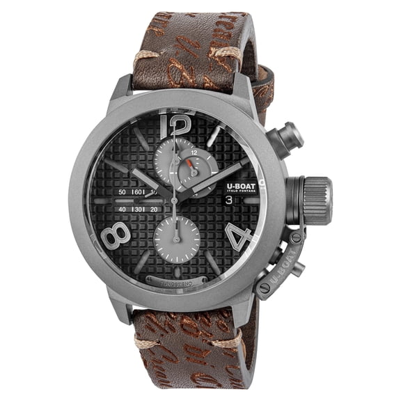 Limited Edition U-Boat Classico 45 Right Hook Automatic Chronograph Titanium & Tungsten Black Dial Brown Leather Strap Date Mens Watch 3005