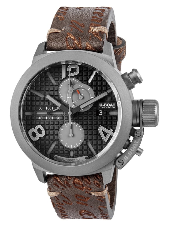 Limited Edition U-Boat Classico 45 Right Hook Automatic Chronograph Titanium & Tungsten Black Dial Brown Leather Strap Date Mens Watch 3005