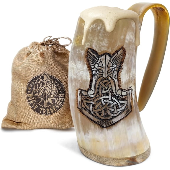 Limited Edition Viking Drinking Horn Mug - Exquisite Thor's Hammer Engraved Beer Tankard - The Thunderstrike, High Polish, approx. 16 oz