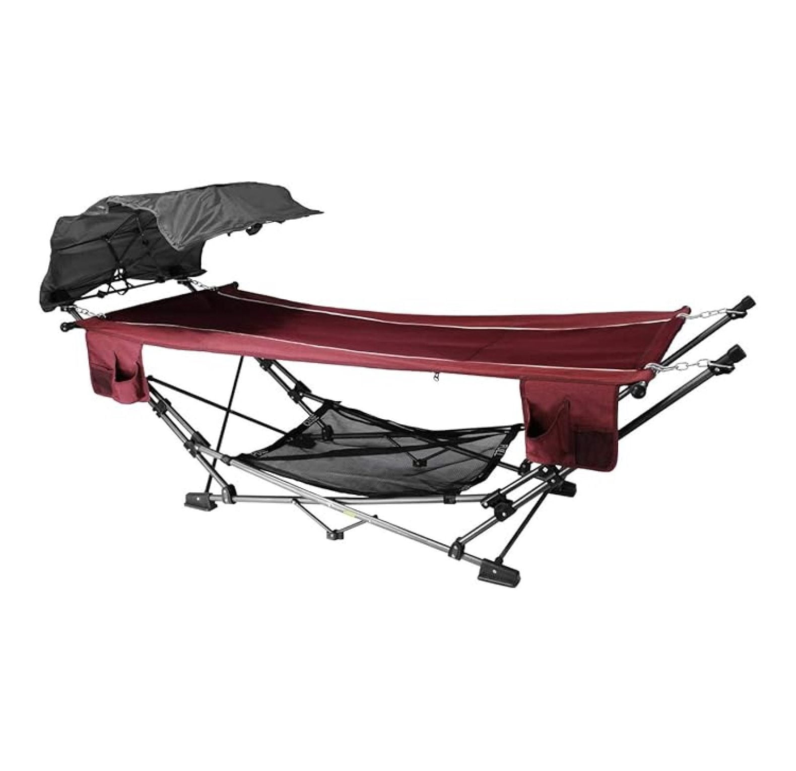 Limited Portable Folding Metal Framed Hammock with a Retractable Canopy, Perfect for Camping, Patio, Outdoor, and Relaxing, Side Pockets Included, Red (Pack of 1)