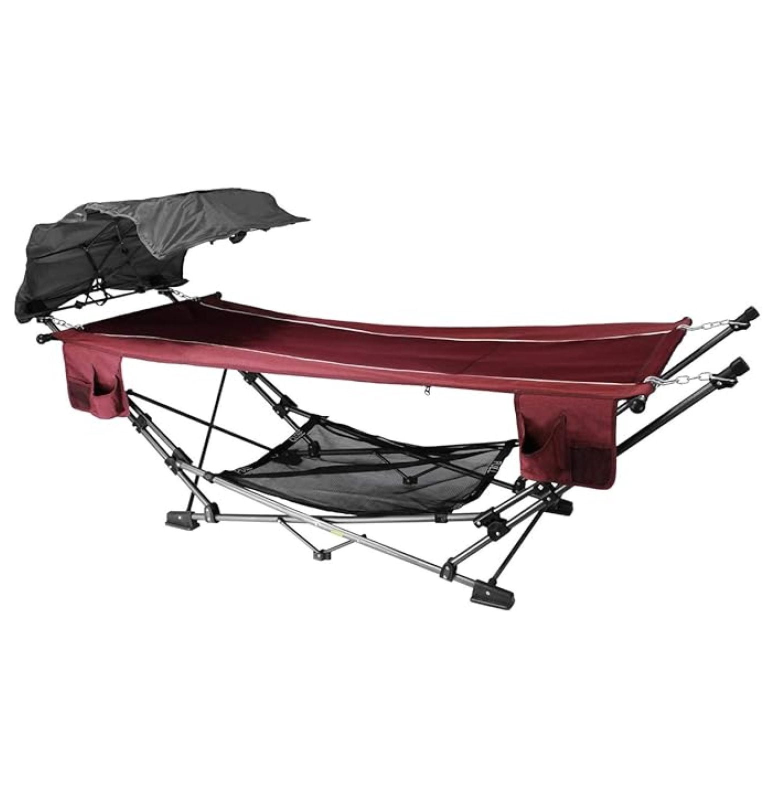 Limited Portable Folding Metal Framed Hammock with a Retractable Canopy, Perfect for Camping, Patio, Outdoor, and Relaxing, Side Pockets Included, Red (Pack of 1)