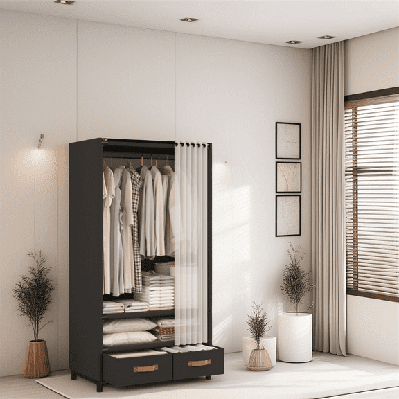 Limited Stock White Metal Wardrobe Cabinet - Hanging Rod & 2 Drawers, No-Tools Assembly, Heavy-Duty Freestanding (≥27"H, ≥3.2 Cu Ft) - Large Capacity Closet Organizer for Bedroom/Dorm