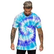 Limited Time Deal! Beshee Shirts for Men, Mens Summer Hawaii Beach Casual Sports Tie Dye Lettering Crewneck T Shirt Top Mens Shirts Blue L