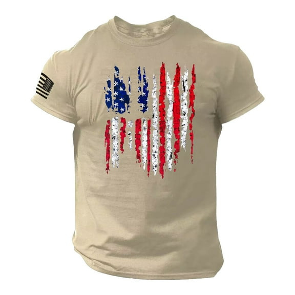 Beshee Shirts for Men Summer Men's US Flag Logo Casual Fitness 3D Printed Short Sleeved T Shirt Mens Shirts Khaki XXL