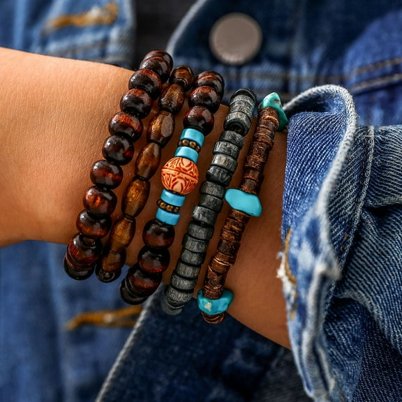karymi 5-Piece Beaded Stackable Bracelet Set Turquoise Wood Elastic Bracelets for Women Men Boho Stretchy Adjustable Jewelry Gifts for Women