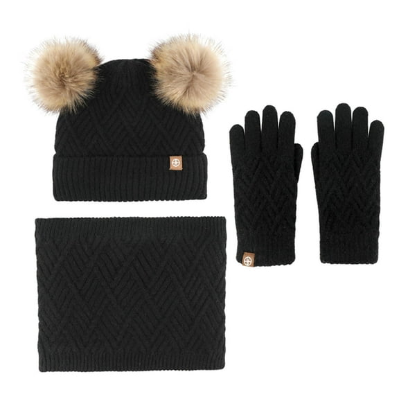 Limited Time Deal karymi Children's Winter Wool Warm Knitting Hat Bib Gloves Three Piece Set Plus Wool Ball Hat Three Piece Set Limited Time Deal Gifts for Women Travel Essentials