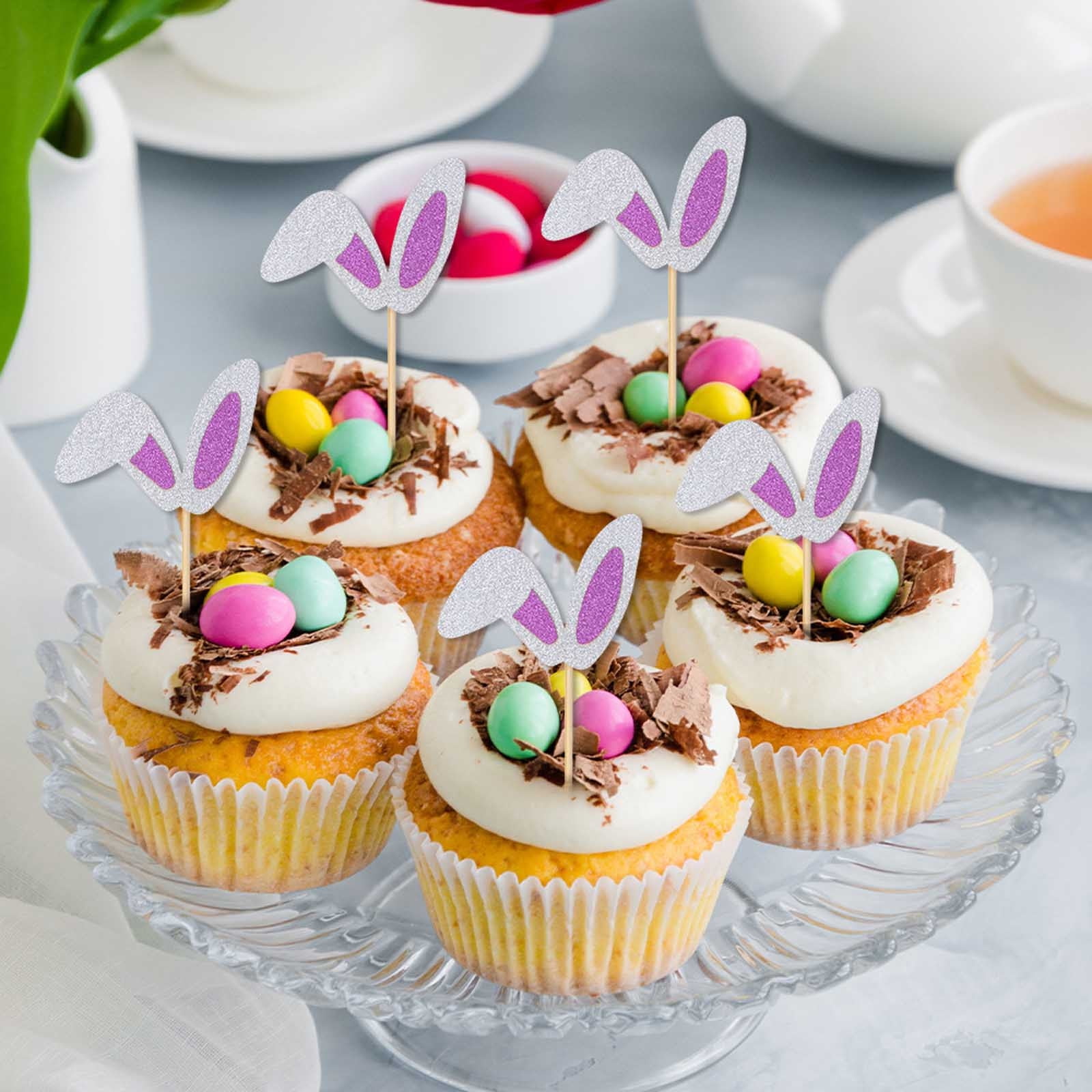Limited Time Deal karymi Easter Decorations Cake Flag 12 Pcs Cake Topper Rabbits Ear Cup Flag Card Party Supplies Big Savings Weekly flyer Gifts for Women