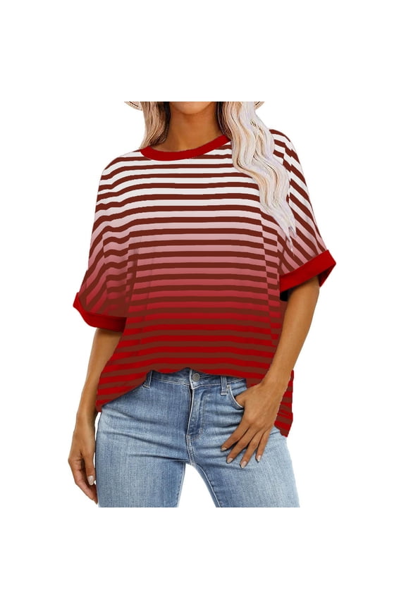 Limited Time Deal kttectoa Loose Casual Wide Hem Blouses Going Out Tops for Women Stripe Gradient Print Tops Half Sleeve Crewneck T Shirts for Women Get It Today Costume