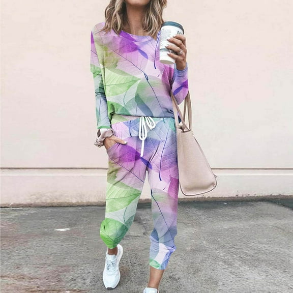 Limited Time Deal kttectoa Outfits for Women Retro Casual Outfits Womens Fashion Fall Winter Sets Leaves Print Long Sleeve Crew Neck Pullover Tops and Pants 2 Piece Outfits for Women