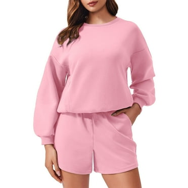 Limited Time Deal kttectoa Outfits for Women Trendy Casual Outfits Fall Winter Outfits for Women Solid Long Sleeve Crew Neck Pullover Tops with Pocket and Shorts Sweatsuits for Women Set 2 Piece