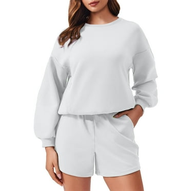 Limited Time Deal kttectoa Outfits for Women Trendy Casual Outfits Fall Winter Outfits for Women Solid Long Sleeve Crew Neck Pullover Tops with Pocket and Shorts Two Piece Outfits for Women