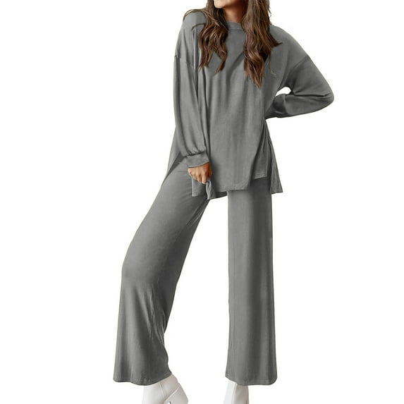 Limited Time Deal kttectoa Outfits for Women Trendy Casual Outfits Fall Winter Sets Lounge Set Solid Long Sleeve Crew Neck Pullover Side Slit Tops and Wide Leg Pants Two Piece Outfits for Women