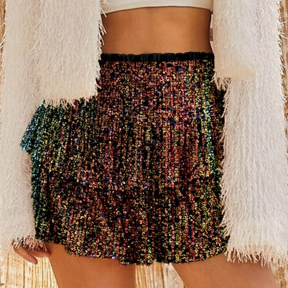 Limited Time Deal kttectoa Sexy Sequin Multi Storey Pleated Skirt Skirts for Women Solid Skirt Elastic Mid Waist Mini Skirt for Womens Athletic Nightout