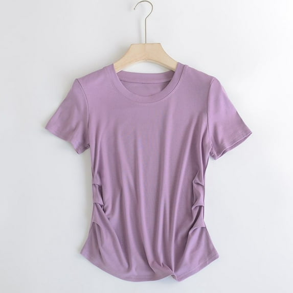 Limited Time Deal kttectoa Stretch Slim Fit Pleated Curved Hem T Shirt Going Out Tops for Women Solid Tunic Tops Short Sleeve Crewneck Blouse for Women Up to 60% Off Street Wear