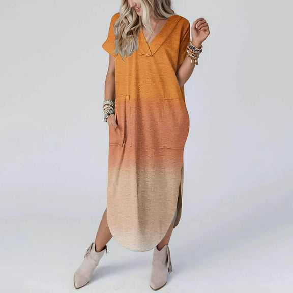 Limited Time Deal kttectoa V-Neck Short Sleeve Dress for Ladies Slit Side Curved Hem Loose Long Dress Gradient Graphic Dresses Summer Dress Loose Fit Dress for Cocktail Party