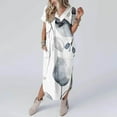 thumbnail image 1 of Limited Time Deal kttectoa V-Neck Short Sleeve Dresses for Women Slit Side Curved Hem Loose Long Dress Leaves Print Dress Womens Summer Dresses Trendy Dresses for Valentines Day, 1 of 5
