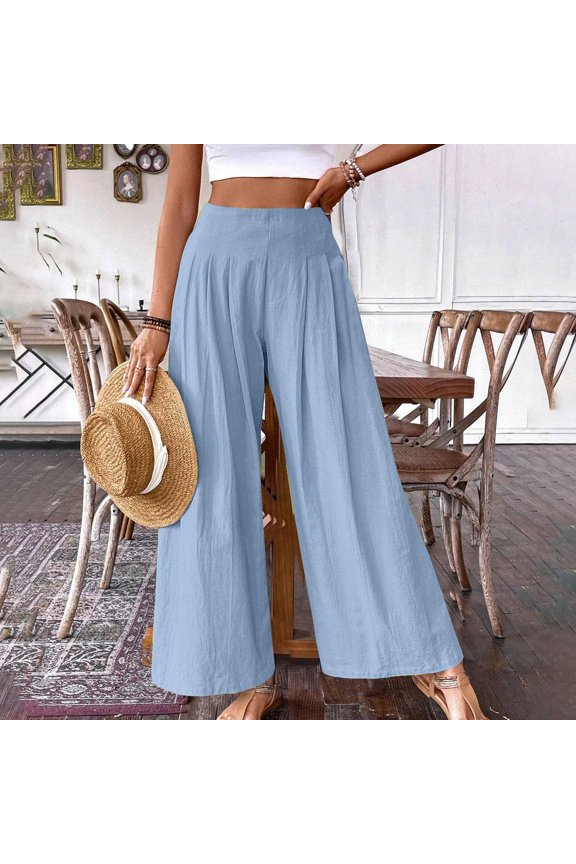Limited Time Deal kttectoa Women's Pants Solid Color Wide Leg Pants High Waisted Casual Loose Flowy Work Pants Comfy Loungewear Beach Trousers Resort Wear Trouser Pants