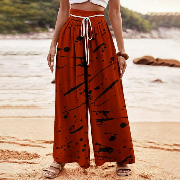 Limited Time Deal kttectoa Women's Pants Stripe Print Wide Leg Pants High Waisted Drawstring Dress Pants Comfy Wide Leg Pants Beach Lounge Trousers Women Lounge Pants