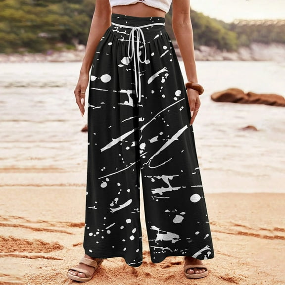 Limited Time Deal kttectoa Women's Pants Stripe Print Wide Leg Pants High Waisted Drawstring Dress Pants Comfy Wide Leg Pants Beach Lounge Trousers Pants for Women
