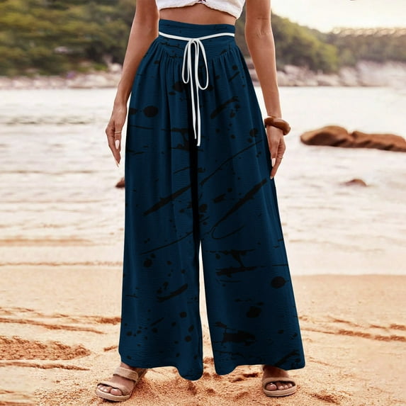 Limited Time Deal kttectoa Women's Pants Stripe Print Wide Leg Pants High Waisted Drawstring Dress Pants Comfy Wide Leg Pants Beach Lounge Trousers Women Pants