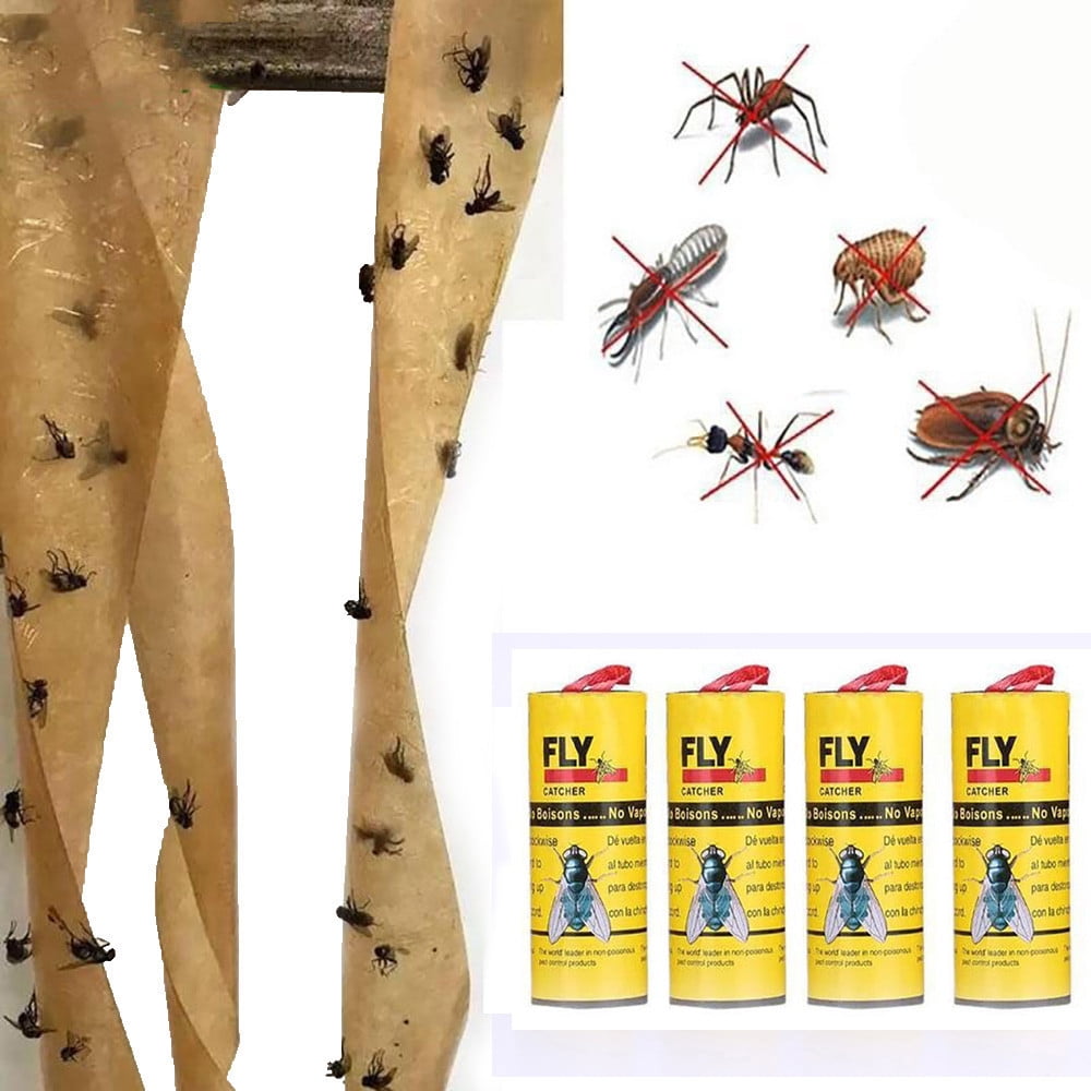 Limited Time Deals! 4 Rolls Sticky Fly Traps for Indoors/Outdoor, Fly Strips Hanging Catcher Ribbon, Fly Paper Tape for Kitchen