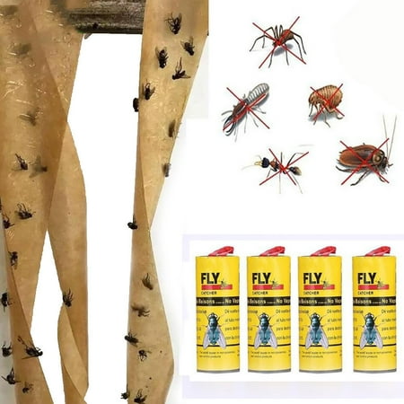 Limited Time Deals! 4 Rolls Sticky Fly Traps for Indoors/Outdoor, Fly Strips Hanging Catcher Ribbon, Fly Paper Tape for Kitchen