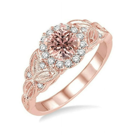 Limited Time Sale 1.25 Carat Peach Pink Morganite (Round Shaped Morganite) and Diamond Engagement Ring in 10k Rose Gold Jewelry