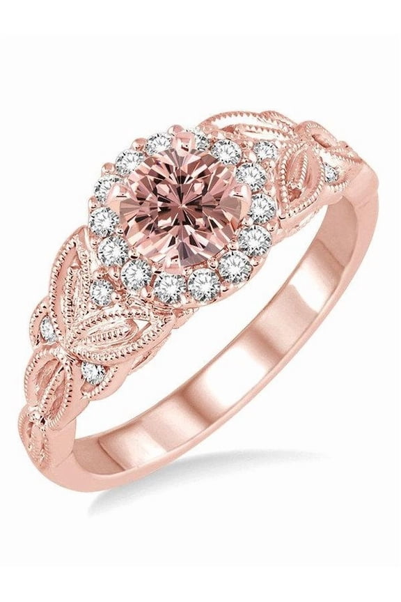 Limited Time Sale 1.25 Carat Peach Pink Morganite (Round Shaped Morganite) and Diamond Engagement Ring in 10k Rose Gold Jewelry