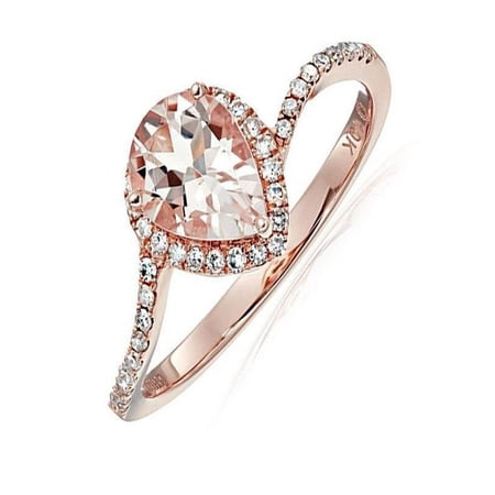 Limited Time Sale: 1.25 Carat Peach Pink Morganite (pear cut Morganite) and Diamond Engagement Ring in 10k Rose Gold