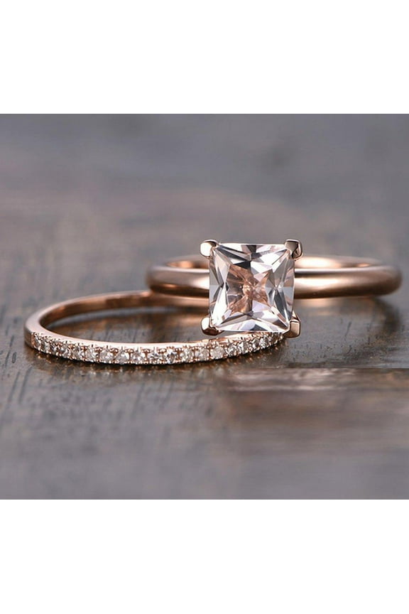 Limited Time Sale: 1.25 Carat Peach Pink Morganite (princess cut Morganite) Diamond Bridal Wedding Ring Set in 10k Rose Gold